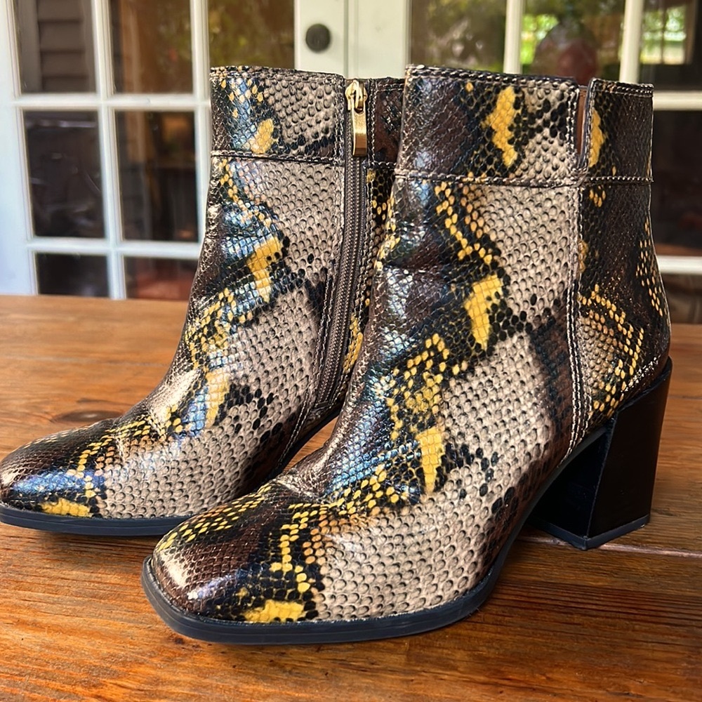 Franco Sarto Generous leather snake print block heel square toe ankle boots